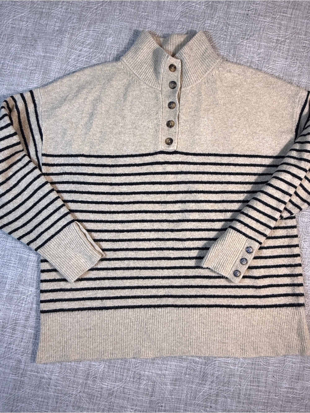 Zara Cream and Black Striped Turtleneck Button-Pop Sweater